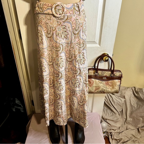 New Wms Tahari Linen Blend Paisley Pastel Festival Cottagecore Boho Midi Skirt 8 - Picture 3 of 12